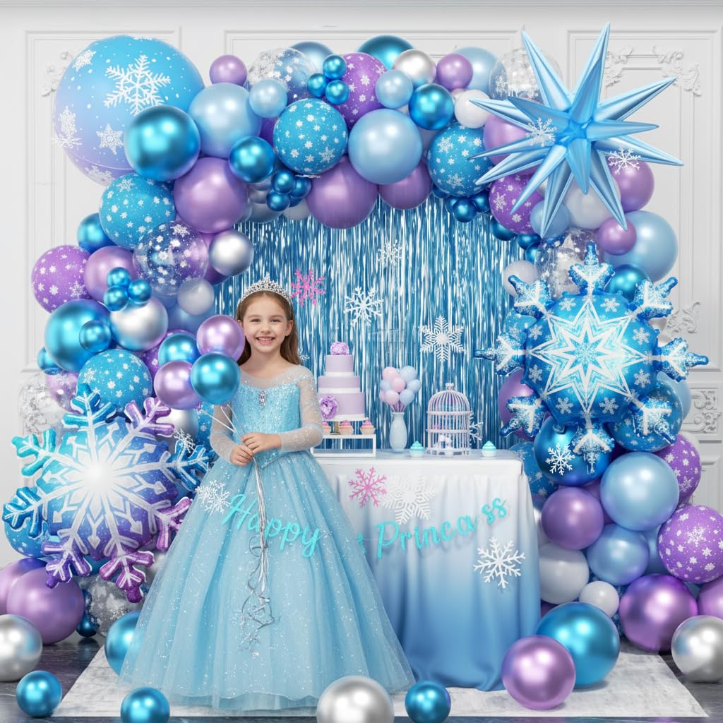 PTGOLUO Frozen Balloon Arch Garland Kit 220pcs, Blue Purple White Balloons with Fringe Curtain Snowflake Balloons Birthday Banner for Winter Wonderland Baby Shower Snow Princess Birthday Party Decor