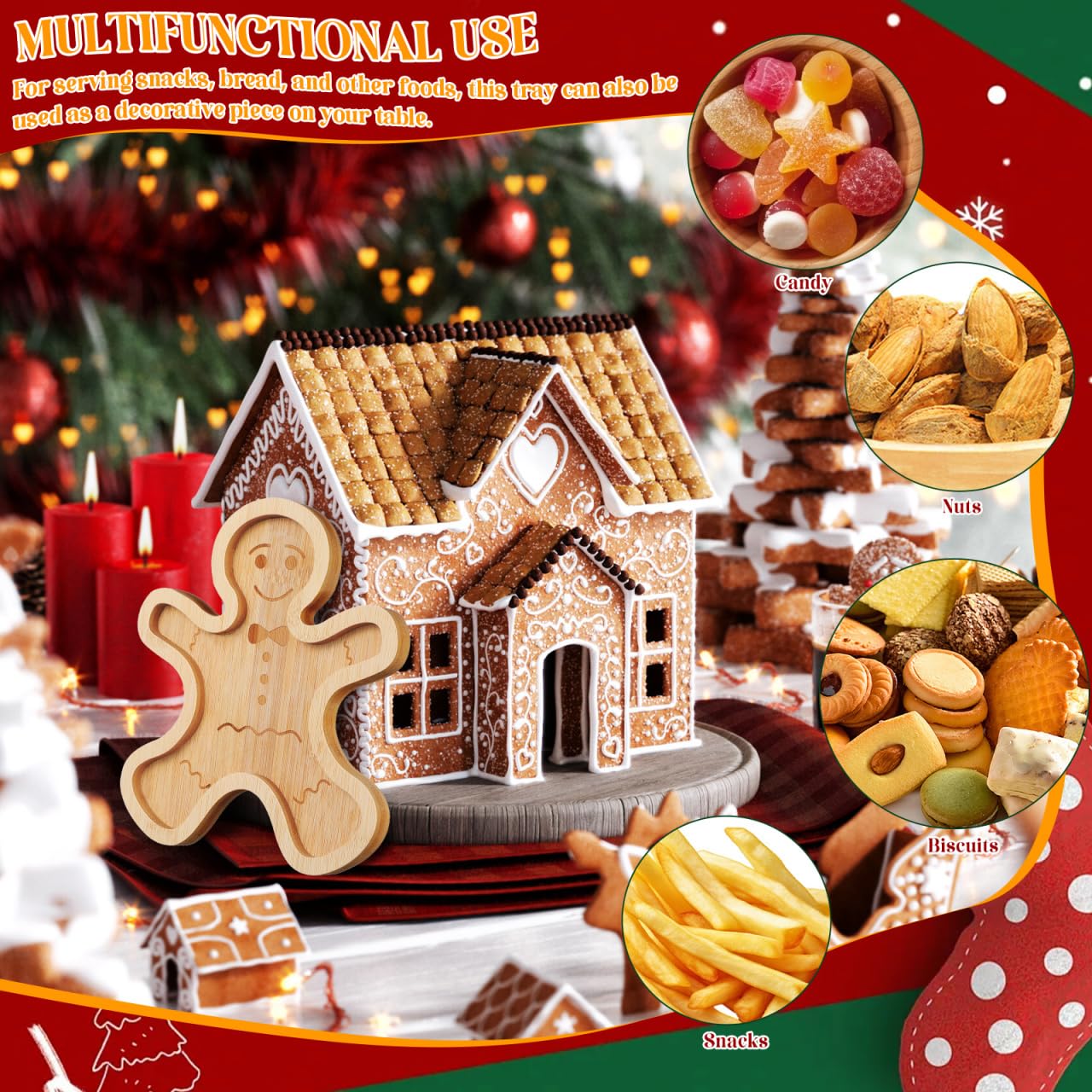 BESTonZON Christmas Charcuterie Board, Bamboo Gingerbread Man Serving Tray Serving Board Fruit Tray, Creative Gingerbread Man Food for Party Supplies, 8.3 * 7.2"
