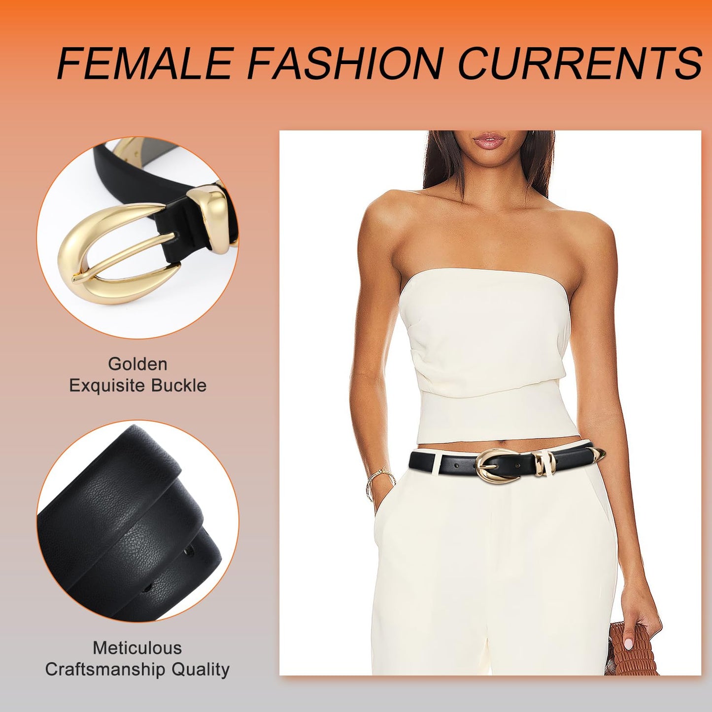 Hihope Womens Black Belt with Gold Buckle Faux Leather Belts for Women Ladies Belts for Jeans Dress Business Casual Outfits