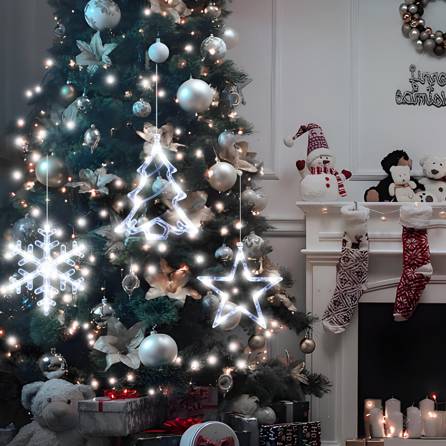 LYUBASA 3Pack Christmas Window Lights Decorations with Timer, Battery Powered Hanging White Lighted Snowflake Tree Star Shaped LED Sucker for Xmas Tree Fireplace Indoor Decor