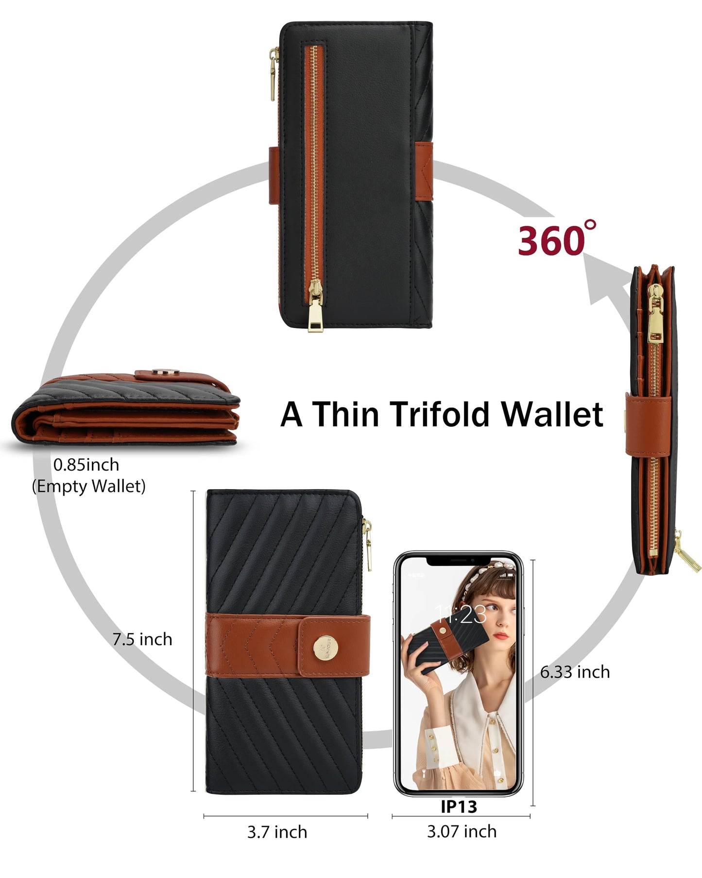 Sunpour Wallets for Women RFID Blocking Trifold Wallet, Large Capacity Leather Ladies Wallet with Credit Card Holder and Zipper Pocket