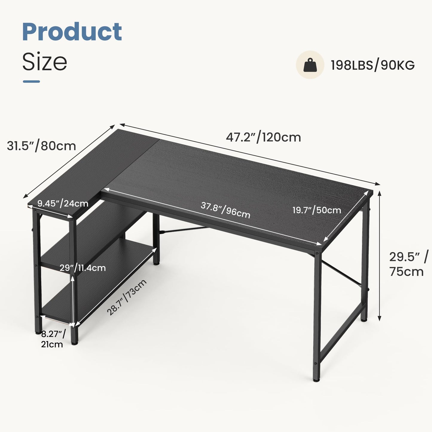 DUMOS L Shaped Desk 47 Inch Computer Desk Gaming Furniture Corner Desks Home Office PC Table with Reversible Storage Shelves for Writing Working Study Bedroom Dorm, Modern Black