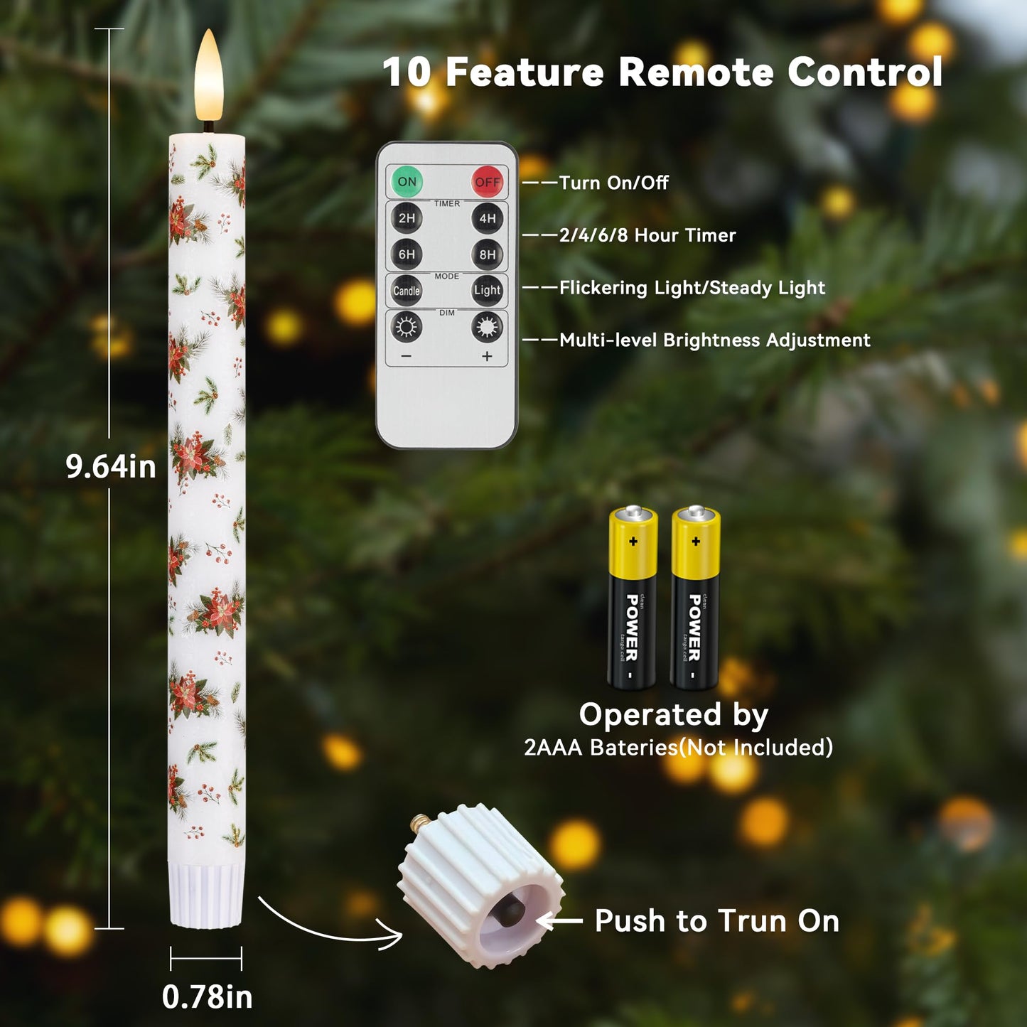 SEHNSY Christmas Flameless Taper Candles, 4 Pcs 9.64 Inch Poinsettia LED Candlesticks with 3D Flickering Flame, Battery Operated Candle with Remote for Xmas Home Décor Christmas Gifts