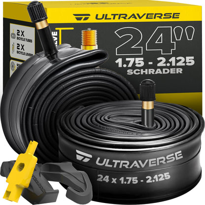 Ultraverse 24" Bike Inner Tubes 24 x 1.75, 1.95, 2.10, 2.125 – Butyl Rubber Bicycle Tubes with Schrader Valve – Compatible with Cruiser, City, Kids, BMX & Mountain Bikes – Set of 2
