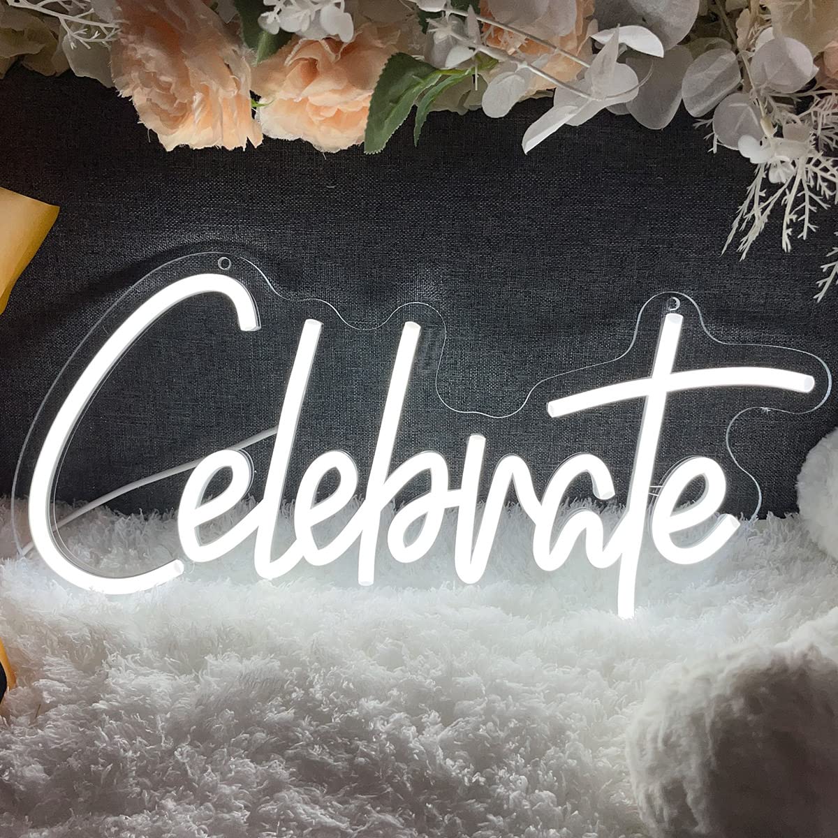 Neon Sign The Celebrate for Wall Decor Custom Light Up Sign Indoor Bedroom Home Decor LED Neon Light Sign Large Backdrop Flex Birthday Wedding Christmas Living Room Business Gift,White 40×18.7 CM