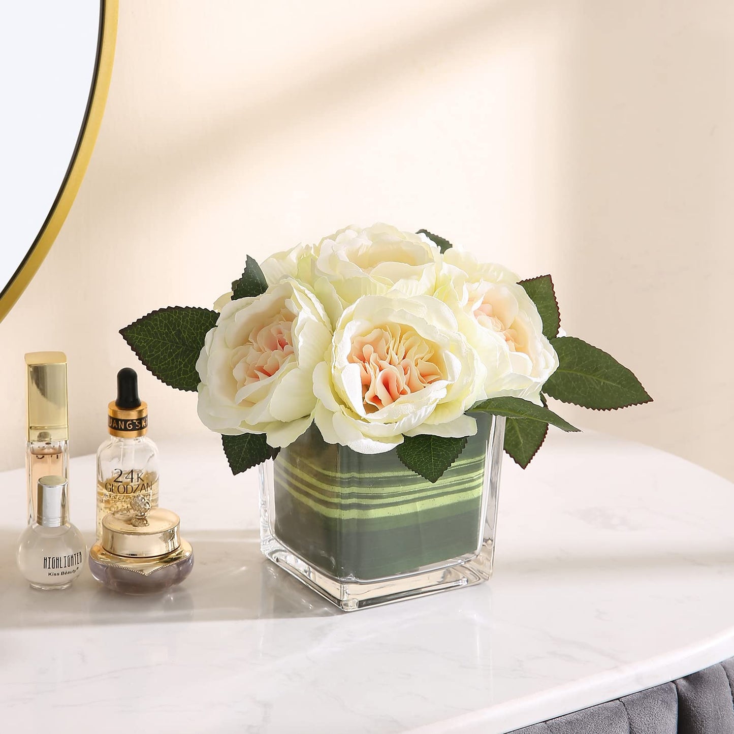 GreenHouzz Artificial Peony Silk Flower Centerpieces Faux Floral Arrangement in Glass Vase for Home Wedding Table Decoration (Champagne)