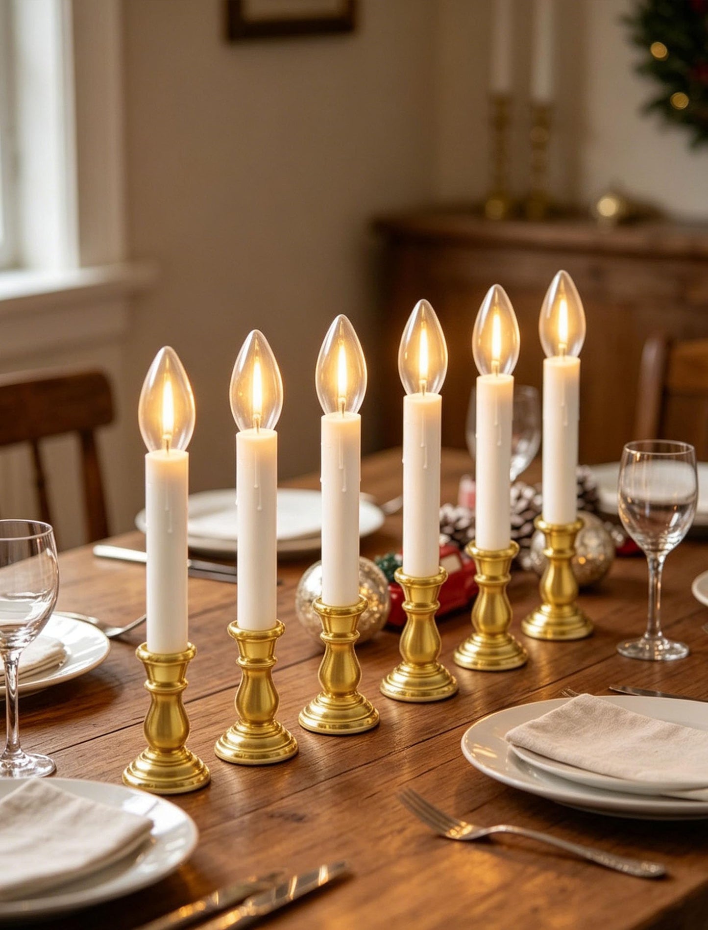 10 Pack Flameless Window Candles with Timer (6H/18H), Christmas Warm White LED Candlesticks, Gold Base & Suction Cups, Battery Operated Window Lights for Indoor Home, Wedding, Party & Holiday Décor
