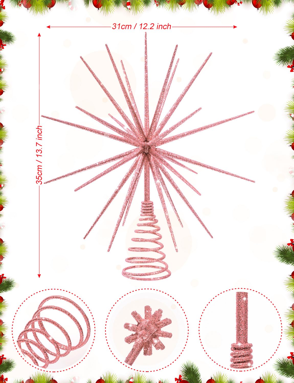 13.7 Inch Pink Christmas Tree Topper - 3D Burst Pink Tree Topper, Exploding Star Christmas Tree New Year Holiday Tree Decoration