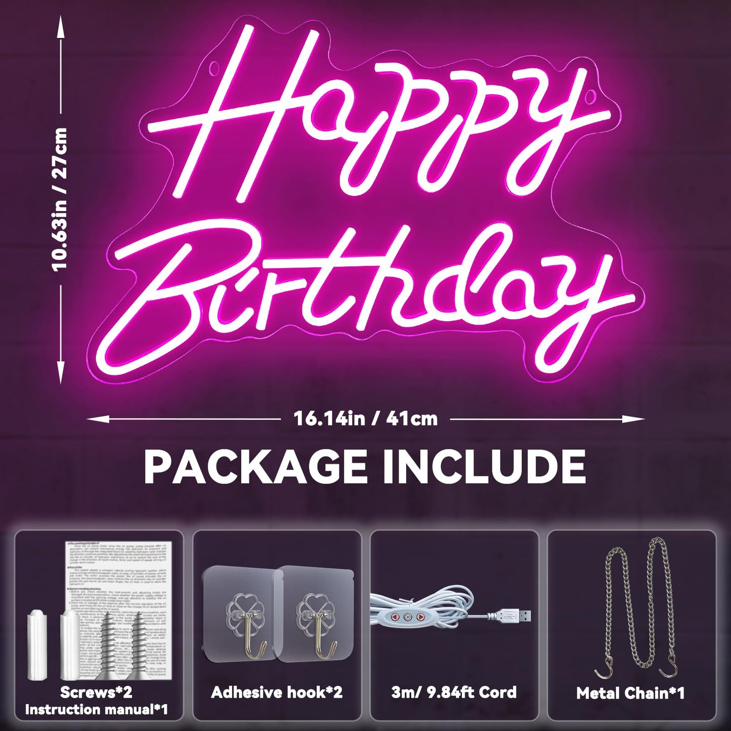 Happy Birthday Neon Signs for Party Decor Dimmable LED Neon Light for Wall Decor Light Up Happy Led Signs for Backdrop Birthday for Any Ages Bday Celebration, Pink