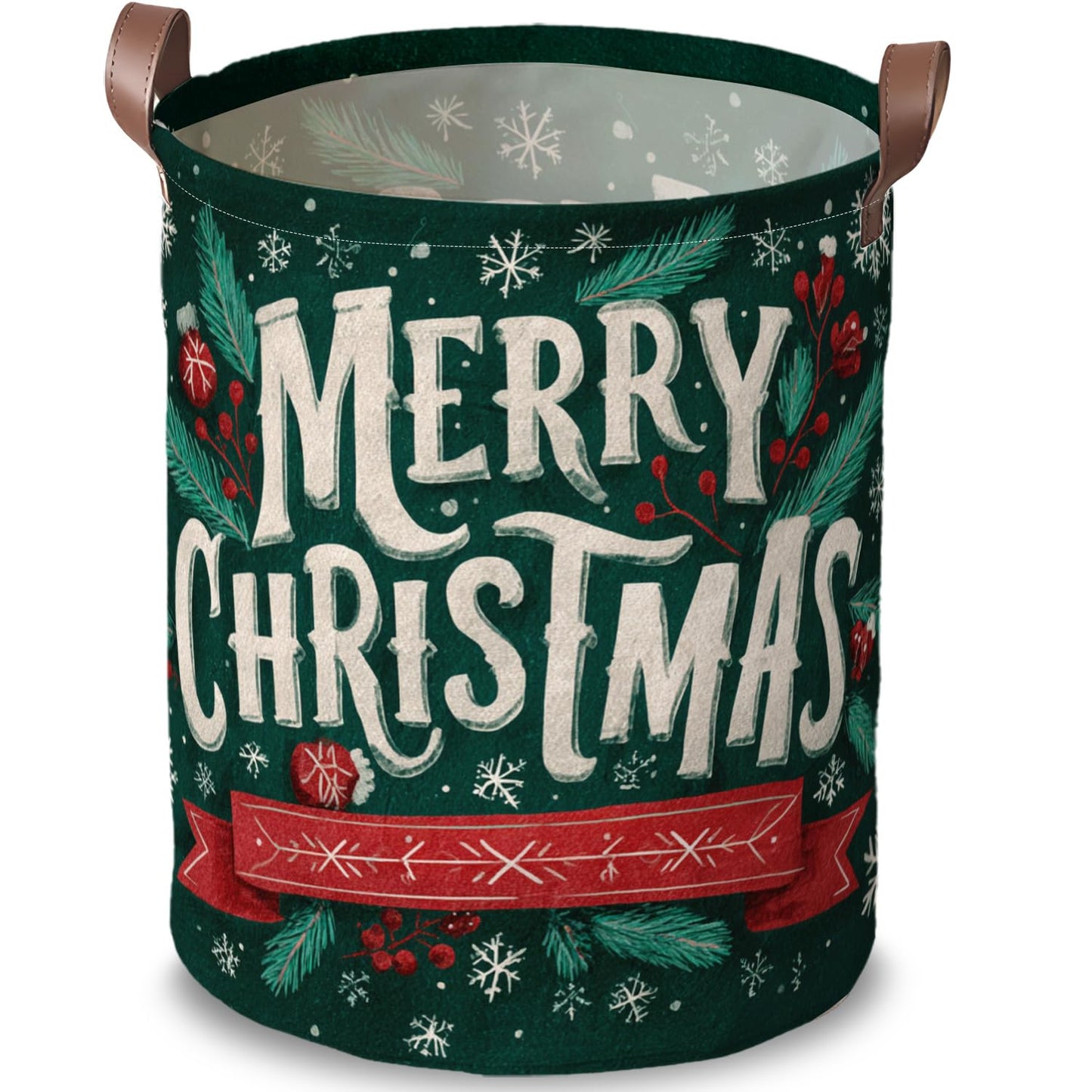 Vintage Merry Christmas Art Laundry Hamper, 15.75x19.7" Large Canvas Clothes Basket with Leather Handles, Retro Dark Green Holiday Storage Bin for Bedroom Bathroom Playroom