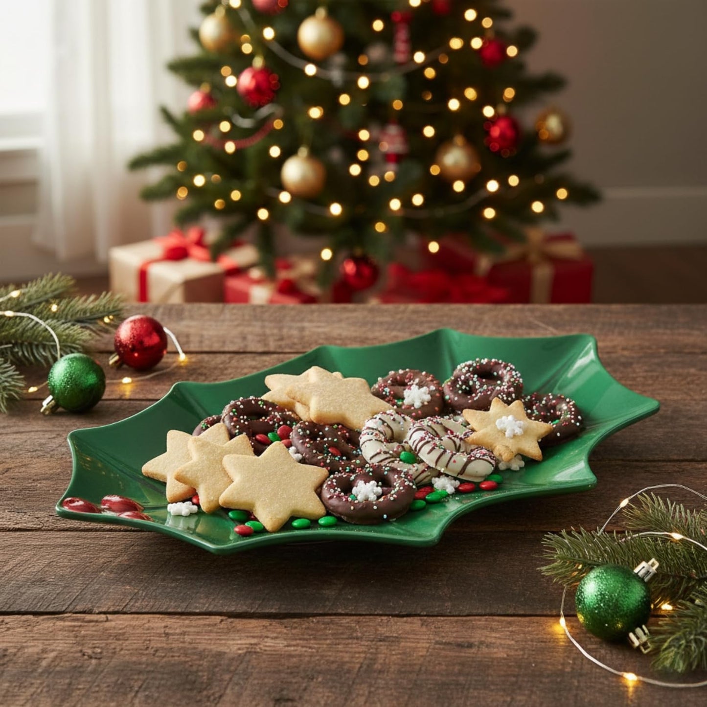 UPware Holly Leaf-Shaped Melamine Serving Platter, Green Holiday Tray with Red Berry Accent, Break-Resistant BPA-Free Christmas Dish for Cookies, Snacks, or Appetizers, 16 x 10 Inch