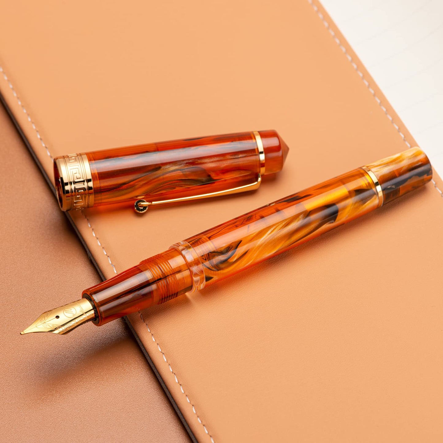 Asvine P20 Piston Fountain Pen Amber Resin, Iridium Extra Fine Nib Gold Trim Smooth Writer Collection with Case Set
