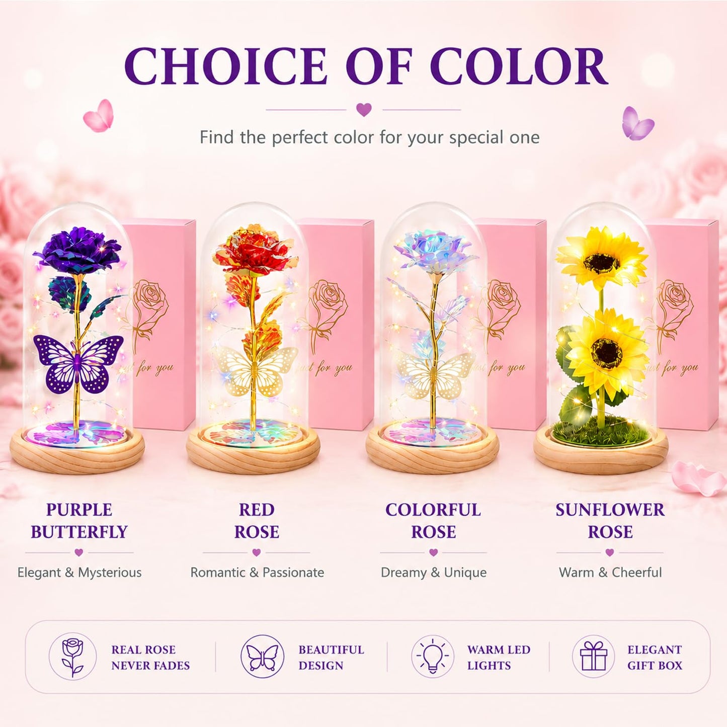 QUNPON Mothers Day Rose Gifts for Mom Flowers Rose Gifts for Women,Birthday Gifts for Women,Purple Butterfly Flowers for Mother Day Flower Gifts from Daughter Son,Gift for Mom,Sister,Her,Grandma,Wife