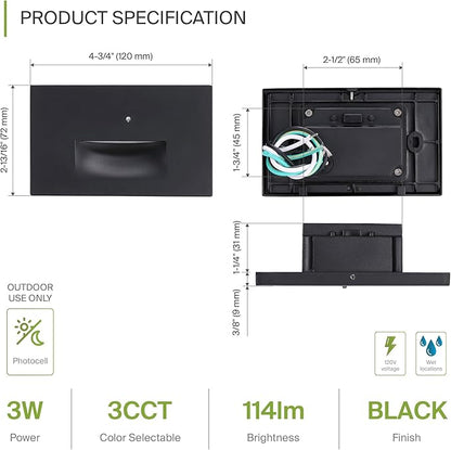 ASD LED Recessed Step Light Fixture, Dusk to Dawn Outdoor Stair Tread Lighting | 3CCT, Photocell, Waterproof, ETL Listed | 3W 120LM 3000K-5000K 120V | Staircase Hardwired Illumination | Black