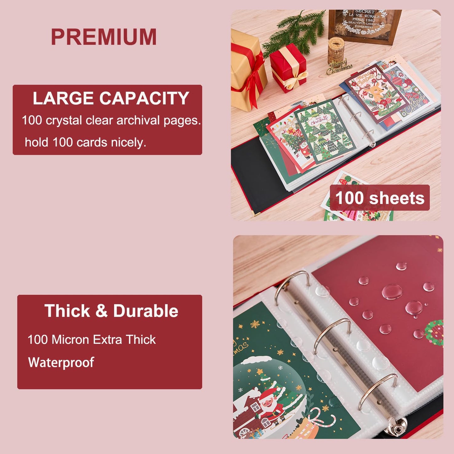 MANWU Christmas cards organizer binder album, greeting cards display organization Storage Holder, Cardkeeper special cards leather book, holds 100 cards (Golden)
