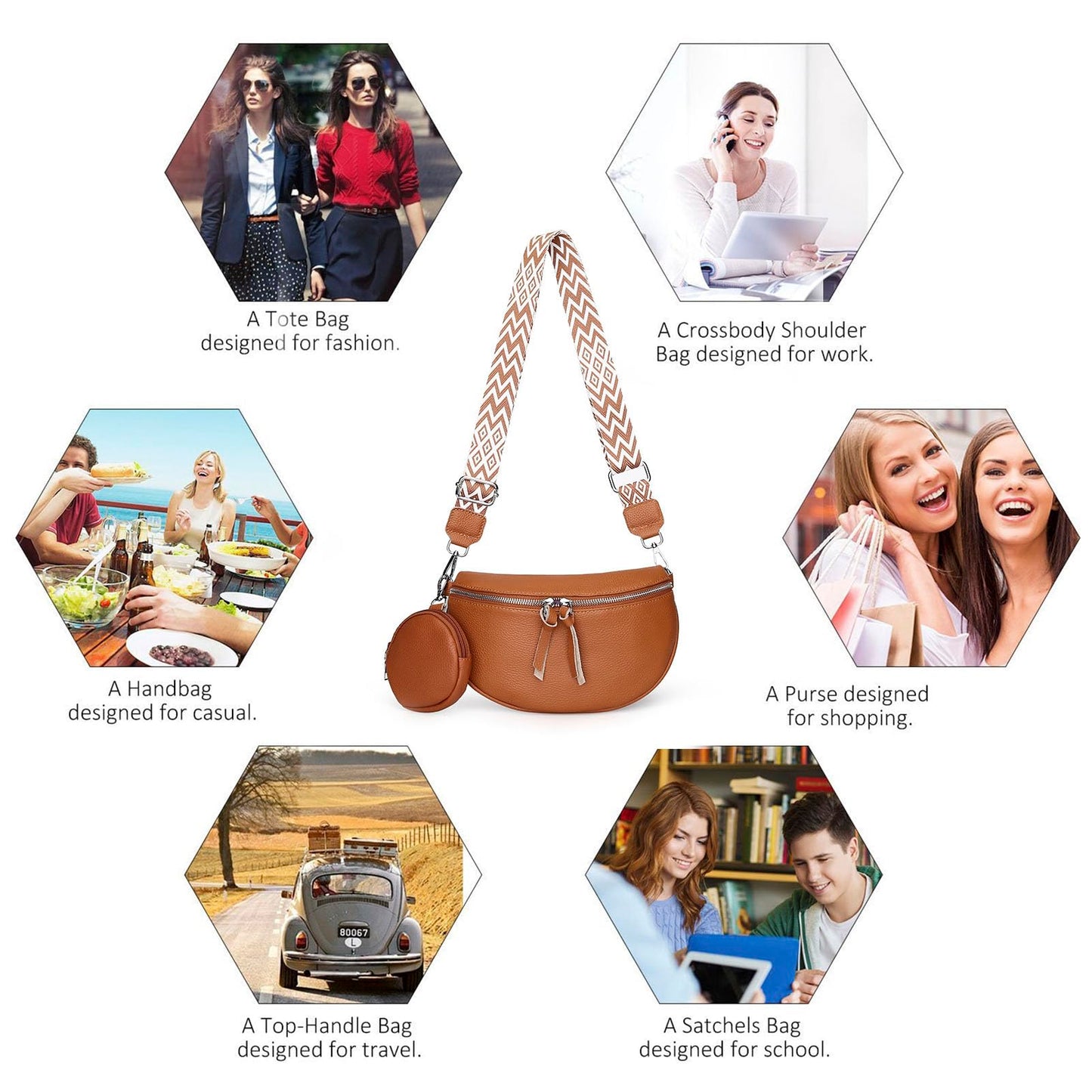 Genuine Leather Fanny Pack Crossbody Bags - Fashion Sling Purse Chest Belt Bum Bag for Women Travel Camping - Brown