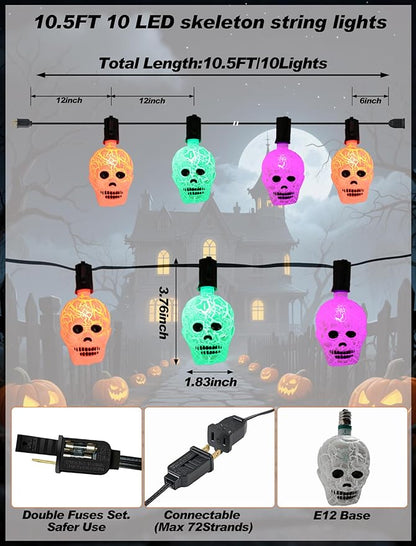 10.5ft Outdoor Skull String Lights, Plug in & Connectable Halloween Decorations with UL Certified Cord, Waterproof for Porch, Yard & Party Decor