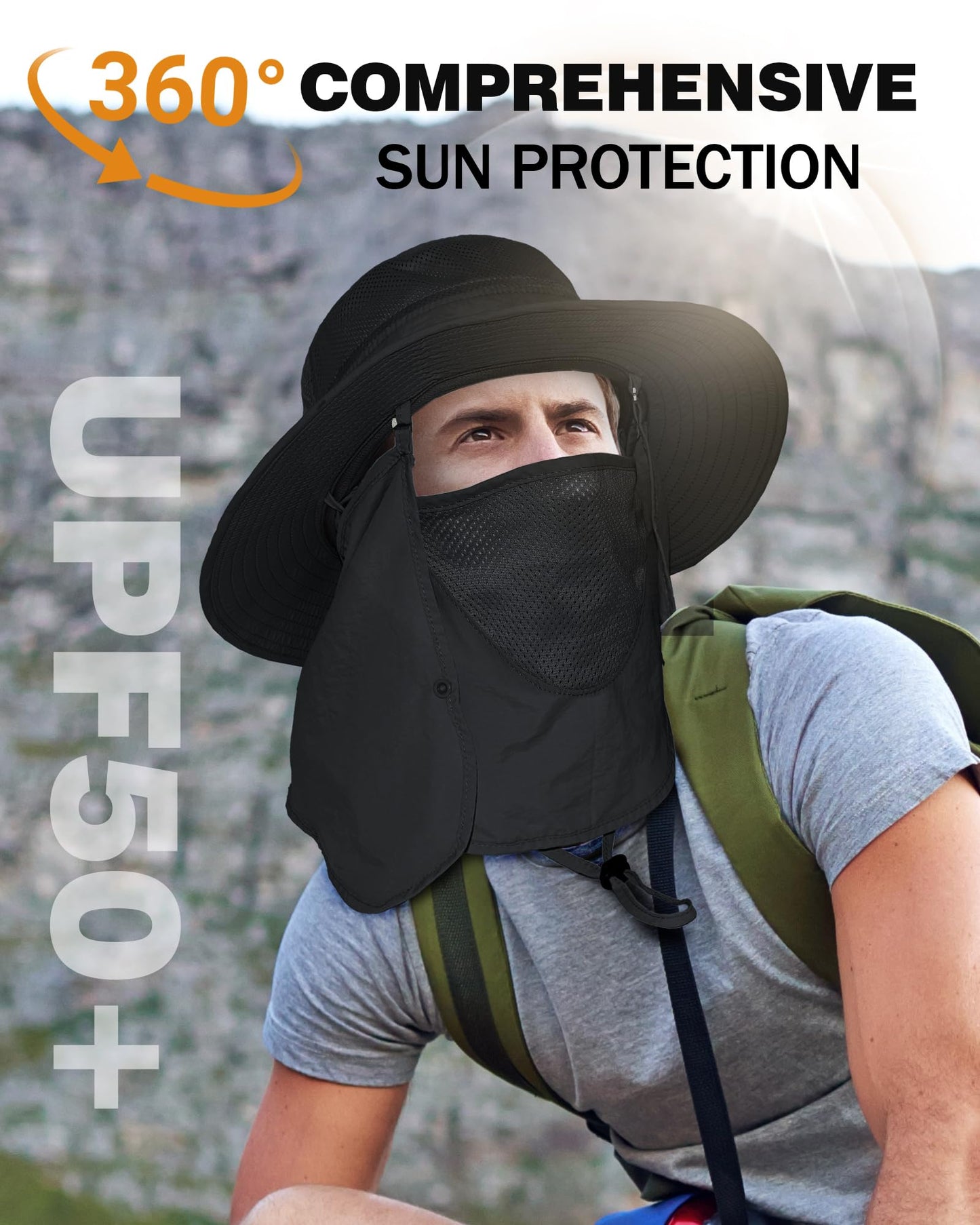 Wide Brim Sun Hat with Detachable Face Cover & Neck Flap Waterproof Safari Fishing UPF 50+ UV Protection Hat for Men Women Black