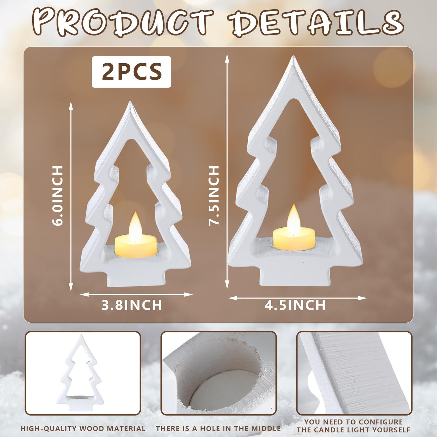 AceOrbit 2 Pcs Christmas Tree Candle Holders White Wooden Tealight Holders Wooden Farmhouse Rustic Candle Stick Xmas for Christmas Table Centerpiece Mantel Decor