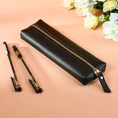 Sluxa Genuine leather pen case, Cowhide pencil pouch with zipper, Soft black pen bag for adults.
