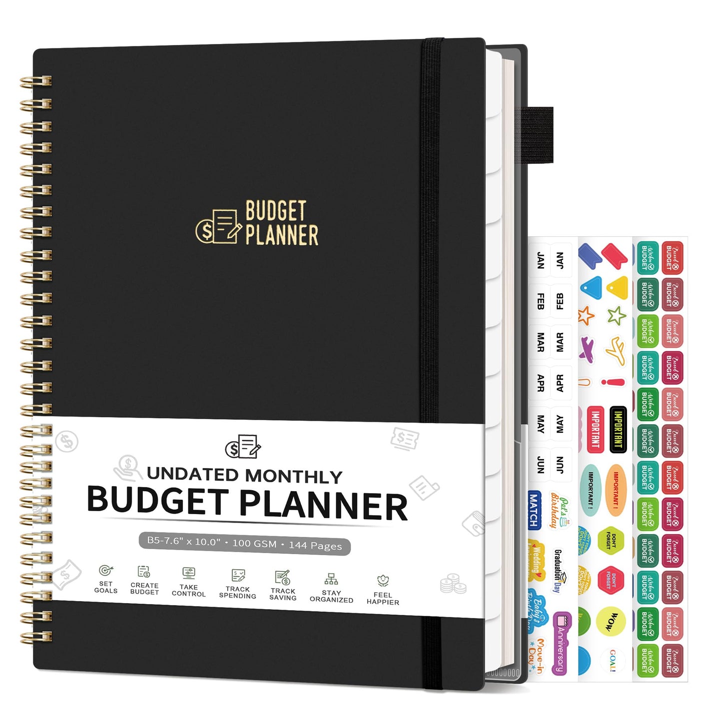 Budget Planner - Monthly Budget Book for Daily Expense Tracking, Business, Debt, Savings, B5 (7.3" x 10.15") Undated Financial Planner with Stickers Manages Your Money Effectively Anytime, Black