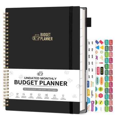 Budget Planner - Monthly Budget Book for Daily Expense Tracking, Business, Debt, Savings, B5 (7.3" x 10.15") Undated Financial Planner with Stickers Manages Your Money Effectively Anytime, Black