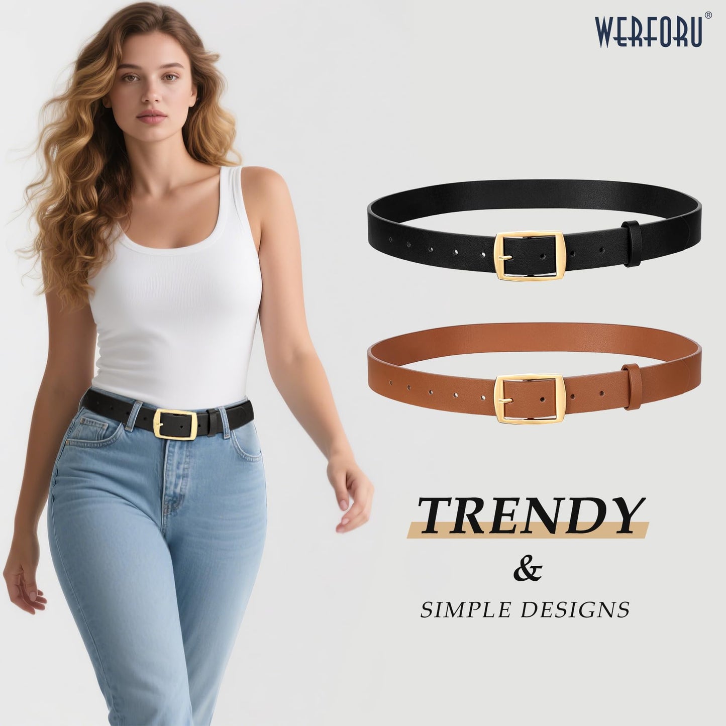 WERFORU 2 Pack Women Leather Belts for Jeans Pants Fashion Leather Belts for Women Waistband with Gold Pin Buckle,A-Black+brown-gold buckle,S:Fit Waist Size 26"-30"