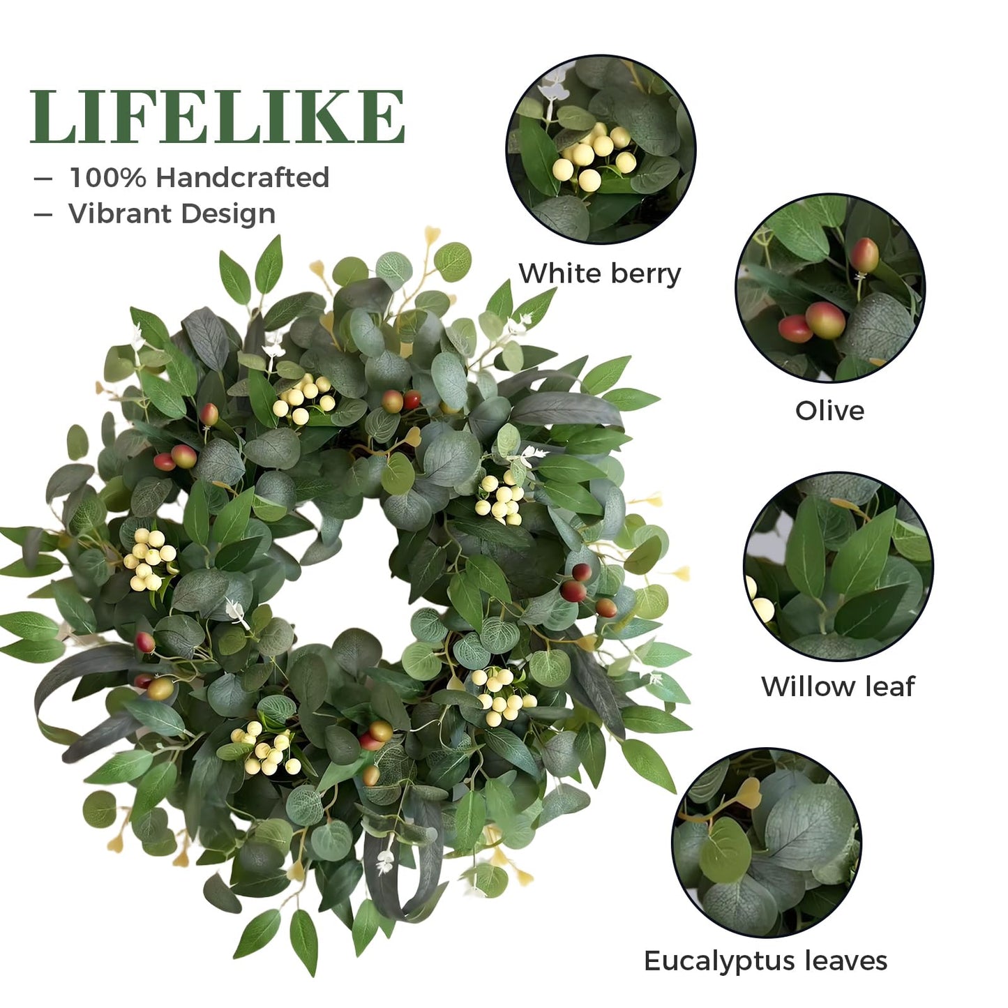 22-24" Eucalyptus Wreaths for Front Door,Spring Summer Fall Autumn Winter Wreaths,Large Eucalyptus Greenery Wreath with Olive Leaves Berries for Front Door Outdoor Farmhouse Decor All Seasons