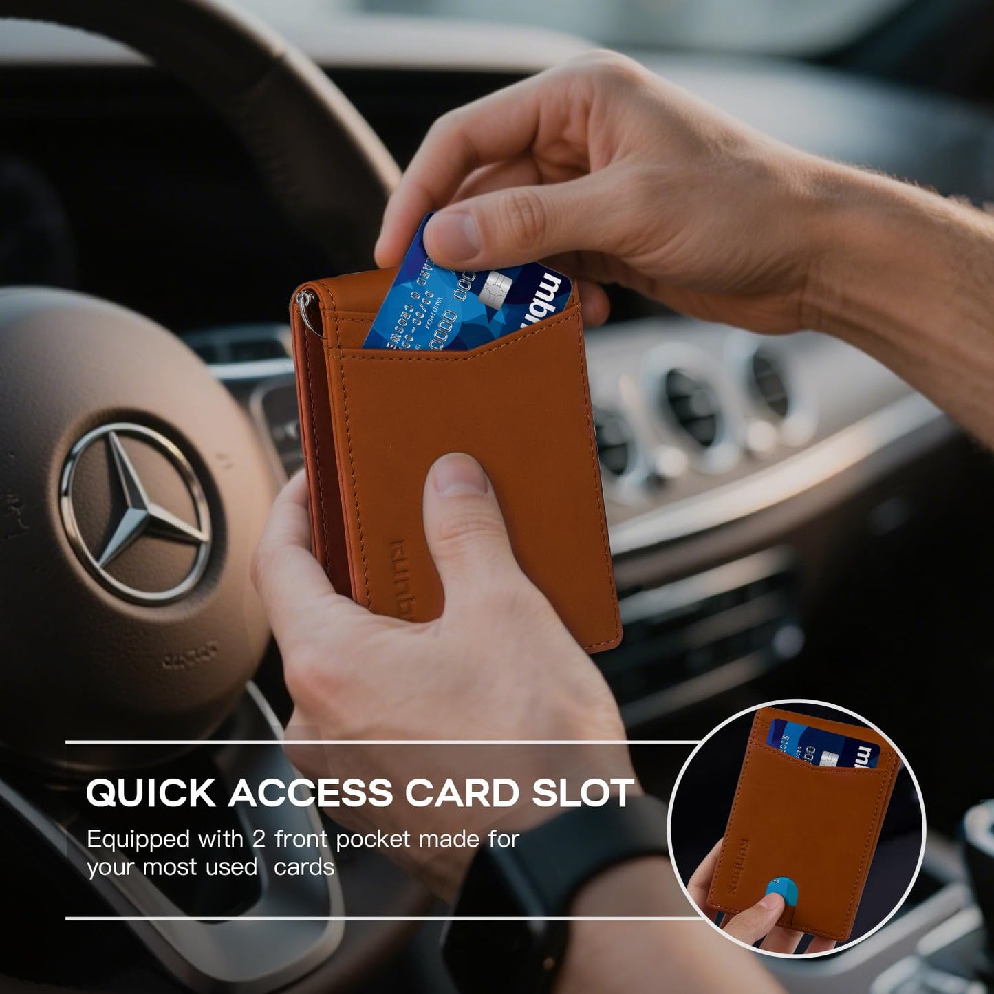 RUNBOX Slim Money Clip Wallets for Men RFID Blocking 8 Card Holder Minimalist Small Thin Carbon Leather Bifold Mens Front Pocket Wallet Gift Box(Desert Brown)