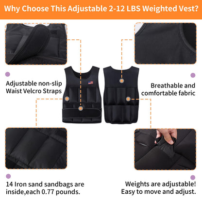 Wolliwa Adjustable Weighted Vest for Men Women,2-12 Lbs Adjustable Weighted Vest with Straps Womens Running Weight Vest for Walking Strength Training Fitness (Black, Adjustable 2-12 Lbs)