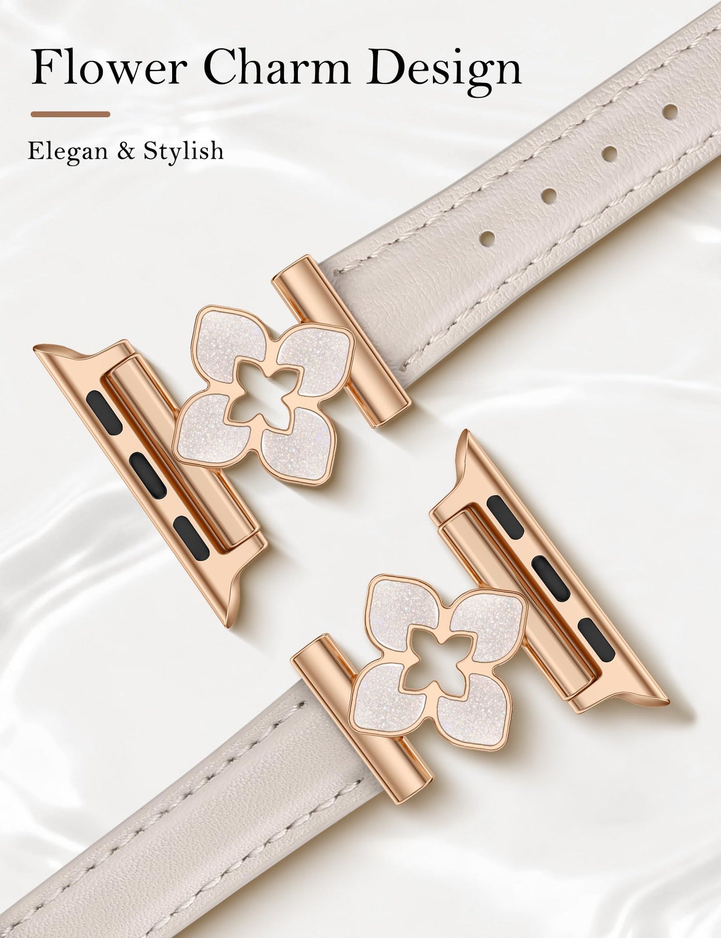 Minyee Compatible with Apple Watch Band 38/40/41/42mm Women, Dressy Chic Premium Soft Leather Strap with Dainty Flower Charm for iWatch Series 11 10 9 8 7 6 5 4 Ultra/SE 3 2 1, Starlight/Rose Gold