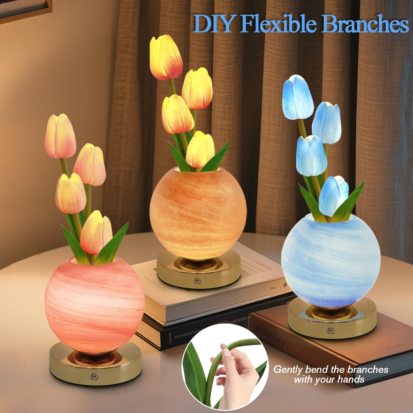 Strackvial Tulip Table Lamp, Rechargeable Cordless Touch Dimming Artificial Tulip Flower Desk Lamp, LED Flower Bedside Night Light Romantic Gifts for Girl Women Mom (Blue)