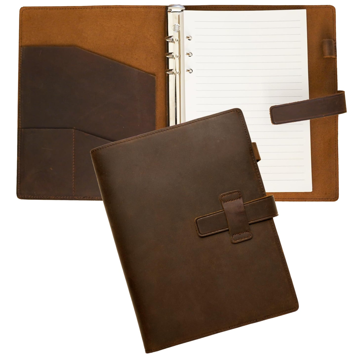 Adeerus Refillable A5 Leather Binder Notebook 6-Ring, Reusable Genuine Leather Journal, Vintage Planner, 120 Pages Lined Paper & Pocket, for Writers Business Work Study College and Daily, 6.9”x 9”