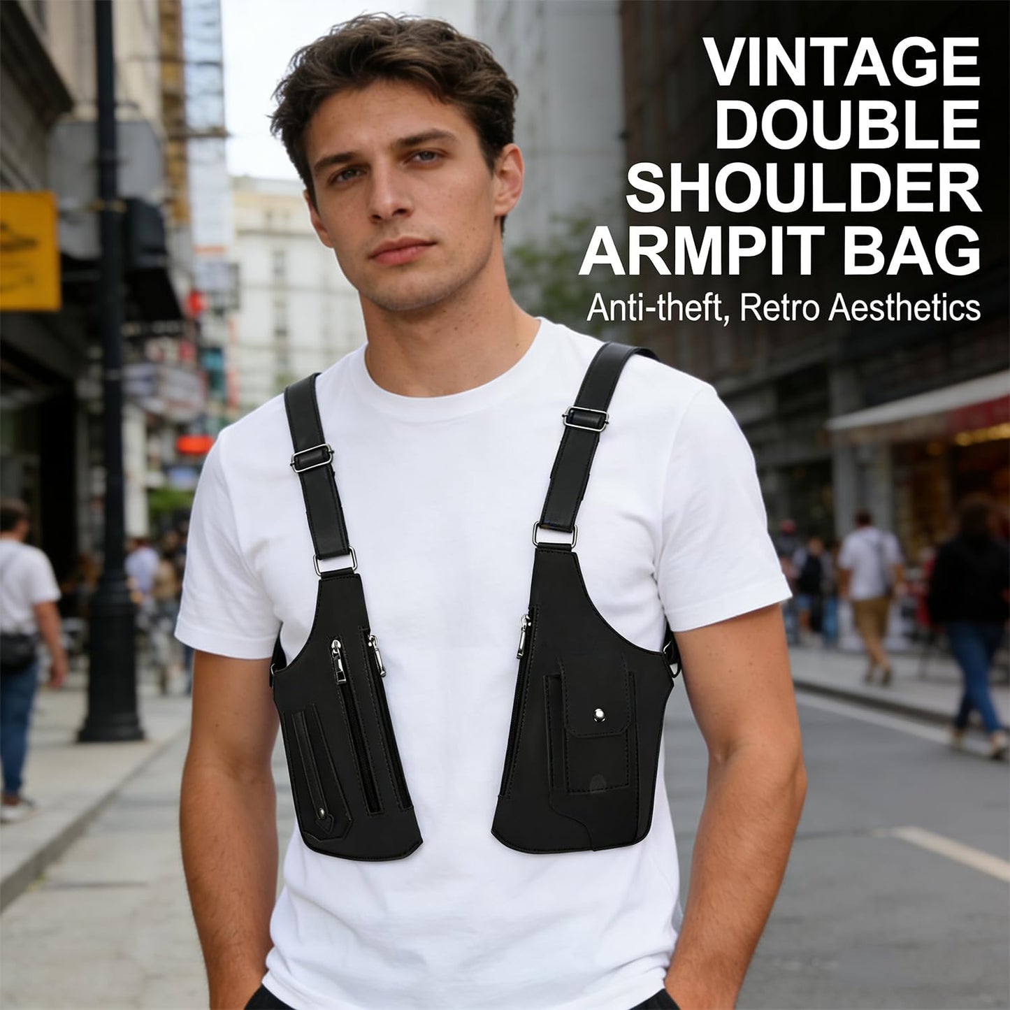 Unisex Premium Leather Shoulder Bag, Adjustable Anti Pickpockets Accessories & Armor Hidden Underarm Strap Wallet (Black)