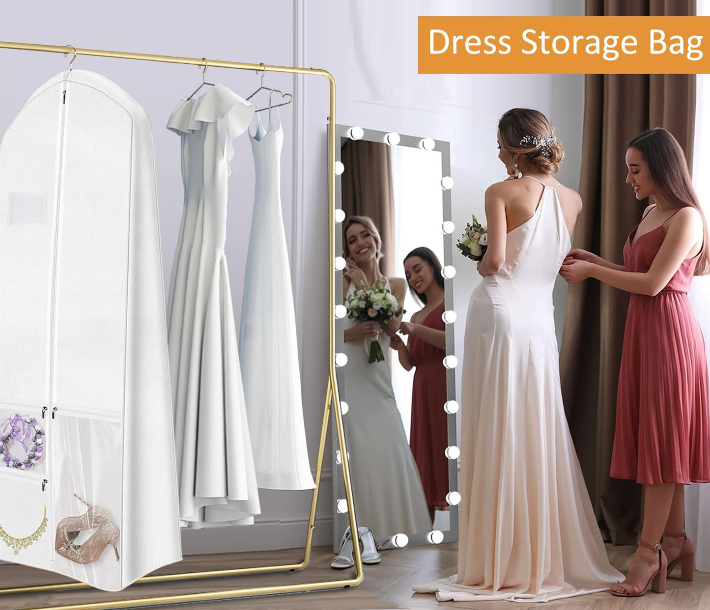 72" Wedding Dress Garment Bag with Bride Tote Bag 10'' Gusseted Dress Bags for Gowns Long 4 Pockets Dress Bag Garment Storage Cover for Women, White