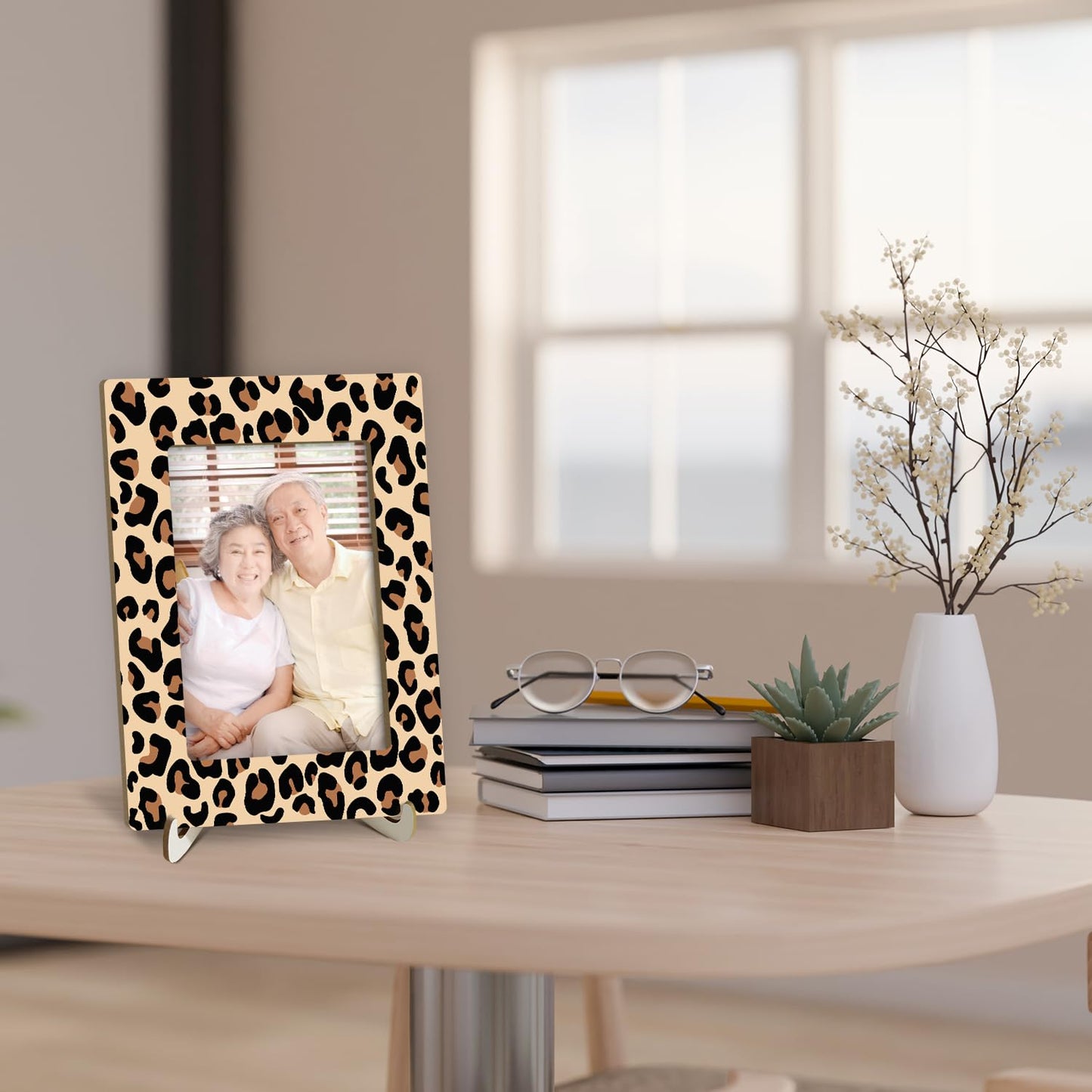 Tabletop Wood Photo Frame, Leopard Desktop Picture Frame with Stand, Girls Daughter Women Mom Gift Party Favor, Home Table Art Crafts Decor Supplies for Living Room Study Bedroom (4x6" Photo) -04