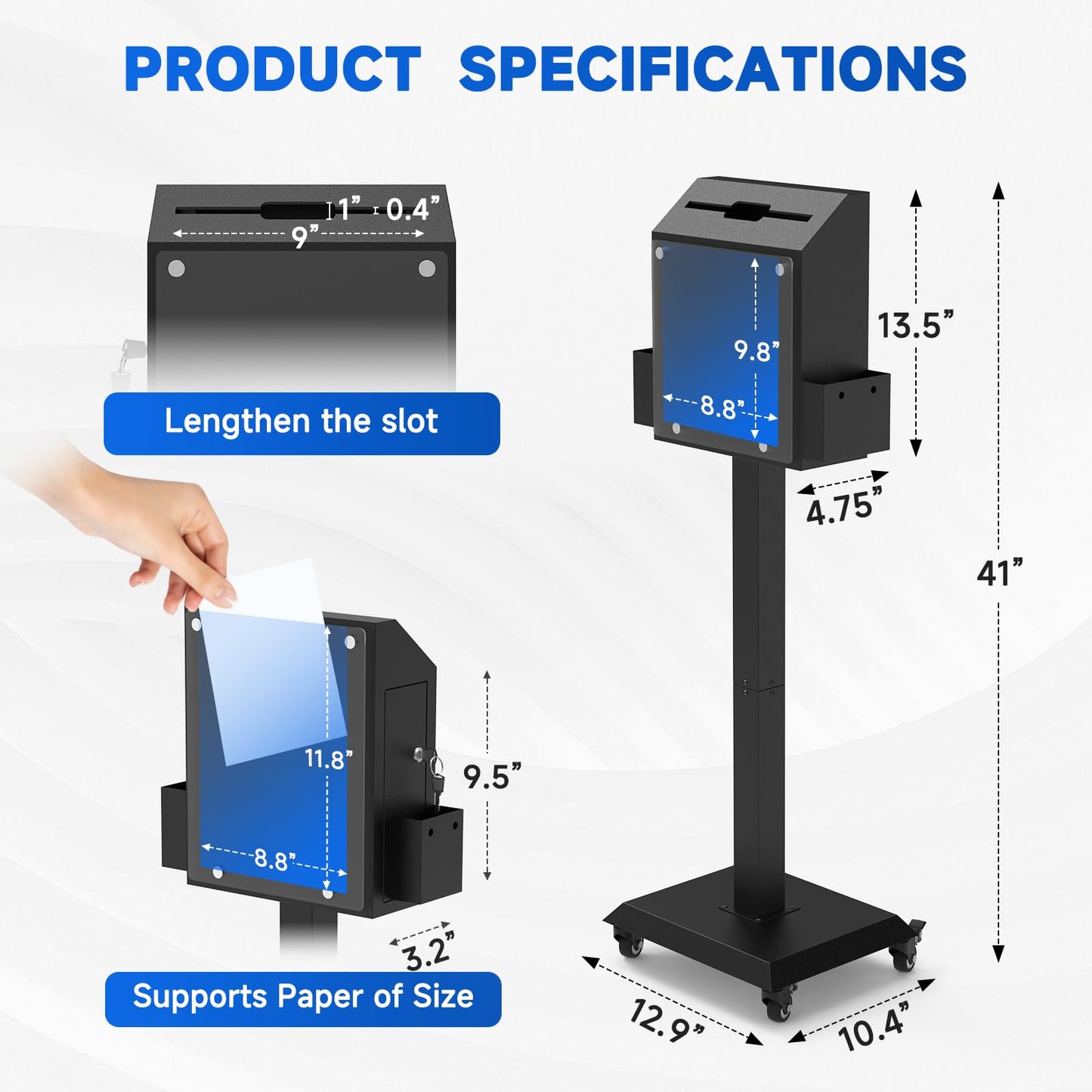 Freestanding Ballot Box Collection with Silent Caster Wheels: Secure and Versatile for Office, Charity, and Events – Includes Lock and Large Slot, Functions as Donation, Suggestion, and Offering Box.