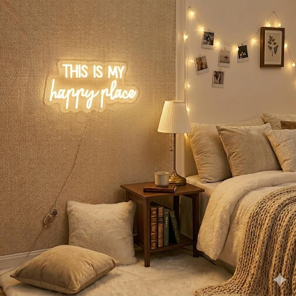Neon Lights for Wall Decor - This Is My Happy Place Neon Signs for Teen Girls Bedroom Decor, Led Sign for Wall Decor, Nightstand Light, Dimmable Switch USB Power, Adhesive Hook Included