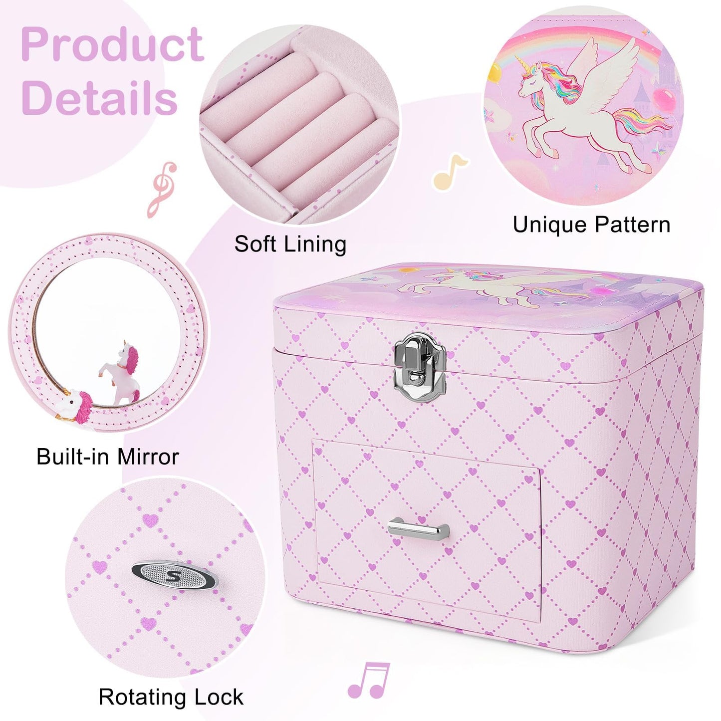 Basumee Musical Jewelry Box for Girls PU Leather Music Box with Drawer Large Kids Jewelry Organizer with Unicorn/Ballerina Jewelry Storage for Little Girls Ages 3–10, Birthday & Holiday Present