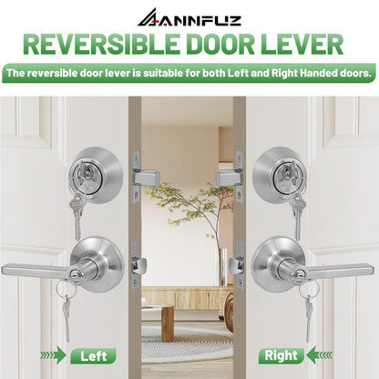 ANNFUZ Keyed Alike(Same Keys) Front/Exterior Door Lever Knob with Single Cylinder Deadbolt Combo Lockset, Entry Door Handle with Lock & Key, Round Locking Deadbolt for Interior Bedroom,Brushed Nickel