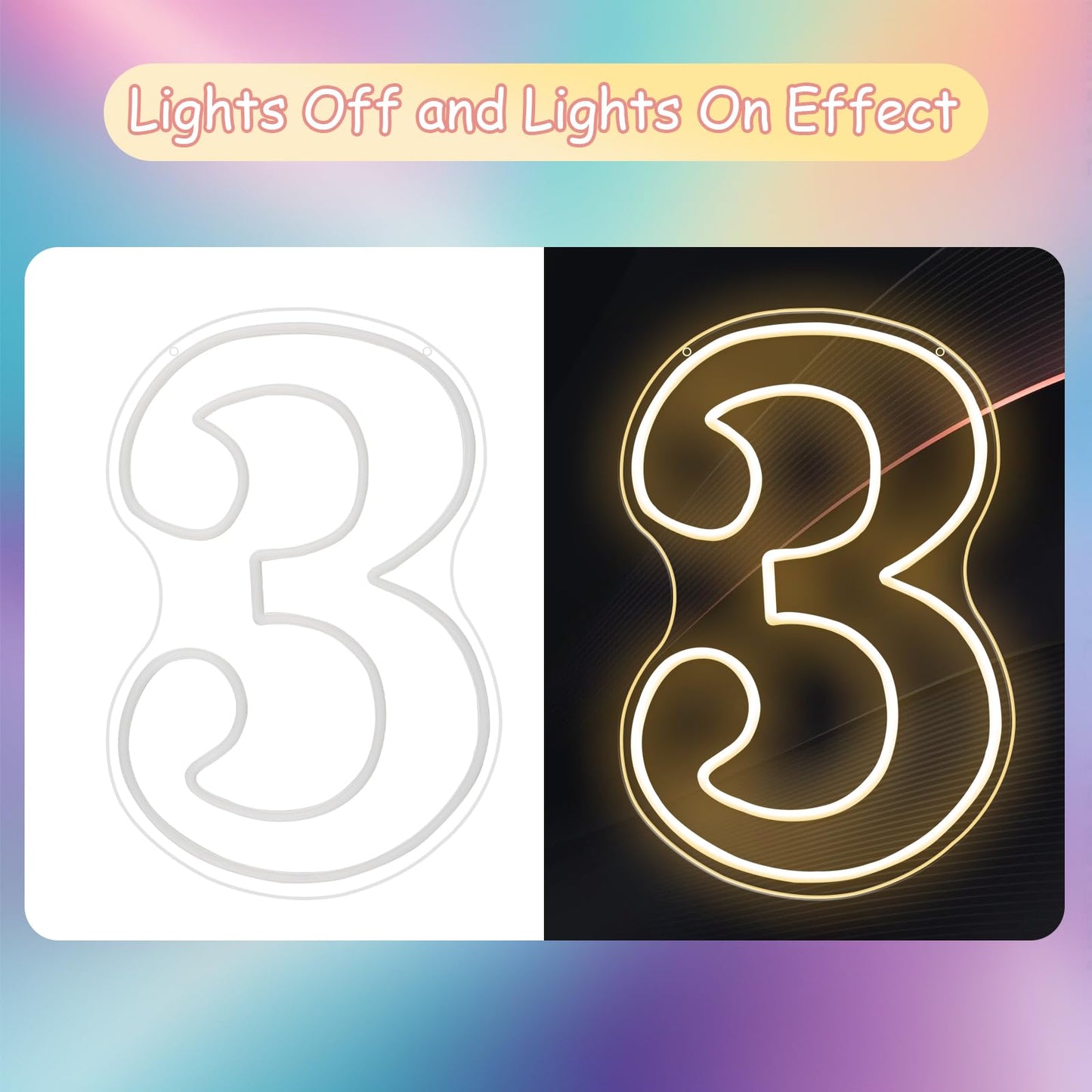 RumonZS Number 3 Light Up LED Neon Sign Backdrop 16.5" Birthday Party Decor Warm White Number One Light Up Sign USB Powered Big Number Sign Light for Birthday Night Light Party Anniversary Wedding