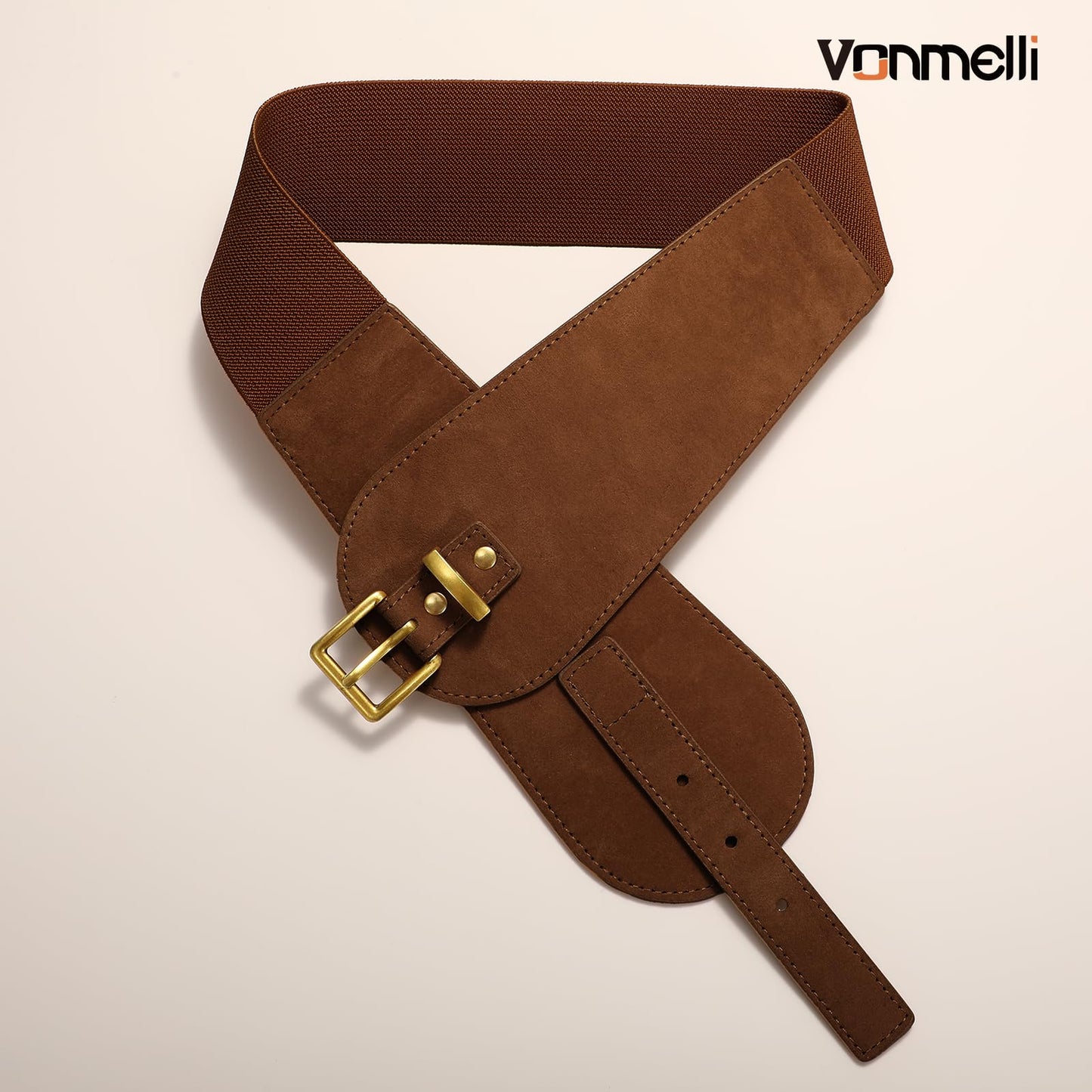 VONMELLI Women's Wide Elastic Belt Dark Brown Suede Stretchy Belt for Dress Suits with Vintage Gold Buckle, M