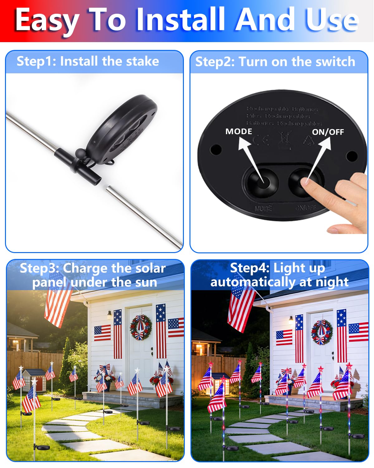 8 Pack American Flag Solar Lights Outdoor, 4th of July Decorations Red White and Blue Star Lights, 2 Modes Waterproof Solar Patriotic Lights for 250th Anniversary Independence Memorial Day Garden Yard