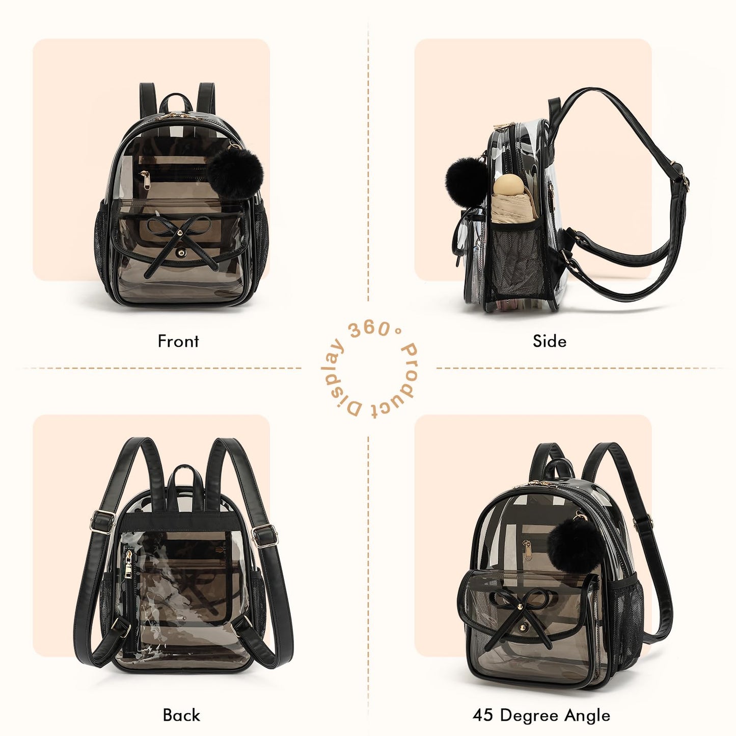 ASKSKY Clear Backpack for Stadium Events 12x12x6, Thick PVC Small Clear Bag with Leather Trim Fashion Women Backpack for Concerts, Sports, Festivals, Work, Travel-Black
