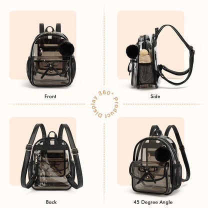 ASKSKY Clear Backpack for Stadium Events 12x12x6, Thick PVC Small Clear Bag with Leather Trim Fashion Women Backpack for Concerts, Sports, Festivals, Work, Travel-Black