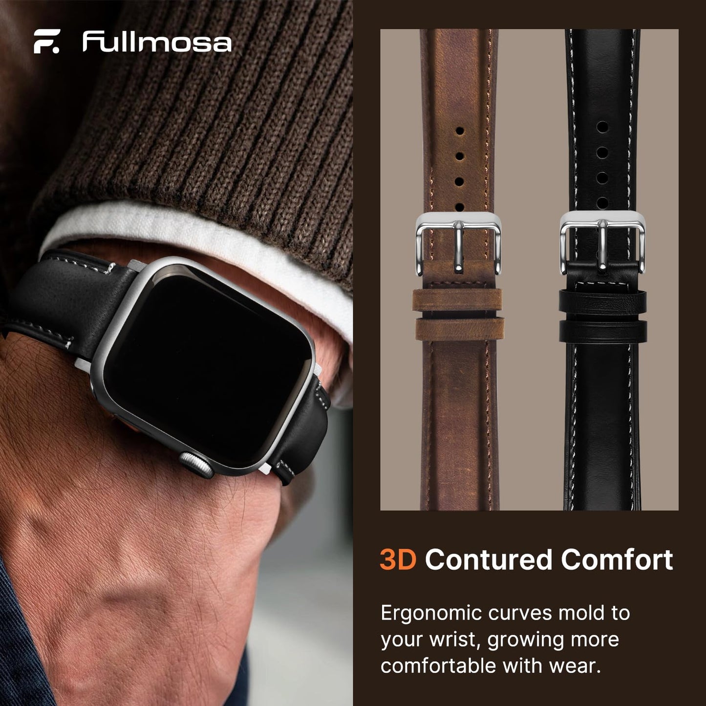 Fullmosa Leather Band Compatible with Apple Watch Bands 49mm 46mm 45mm 44mm 42mm,Top Grain Leather iWatch Straps for Apple Watch Ultra SE Series 11 10 9 8 7 6 5 4 3 2 1,Coffee+Silver/Black+Silver