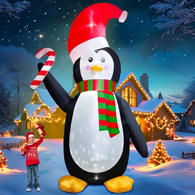 [Flash Light] 12FT Giant Christmas Inflatable Penguin Wear Santa Hat & Scarf Hold Candy Cane Decoration, Christmas Blow Up Penguin inflatable Built-in 4 White LED and 1 Flash Light Xmas Decor