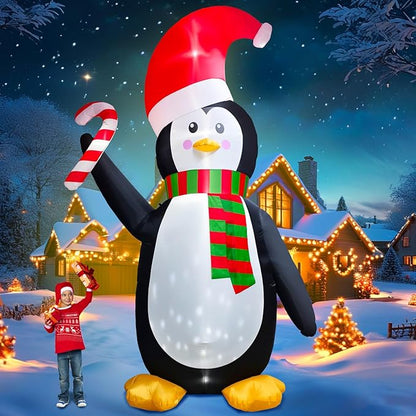 [Flash Light] 12FT Giant Christmas Inflatable Penguin Wear Santa Hat & Scarf Hold Candy Cane Decoration, Christmas Blow Up Penguin inflatable Built-in 4 White LED and 1 Flash Light Xmas Decor
