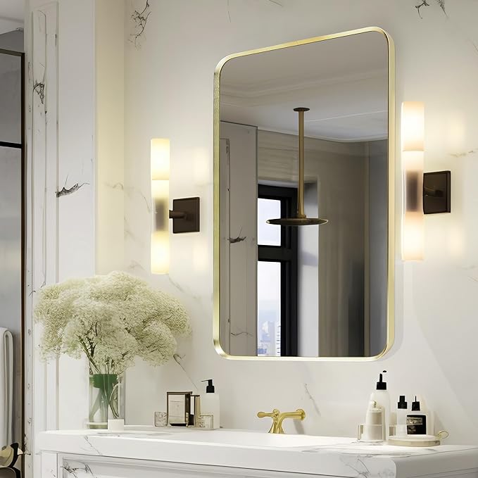 Wall Mount Mirror for Bathroom, Brushed Gold Metal Framed Rounded Corner Rectangular Vanity Mirror (24" x 36", Gold)