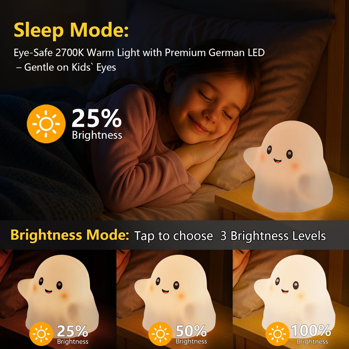 nextanG Cute Ghost Night Light for Kids, Rechargeable Silicone Bedside Night Light with Tap Control, Dimmable Nursery Decor Lamp, Fun Ghost Gift for Kids, Halloween Room Decor, Ghost Lamp